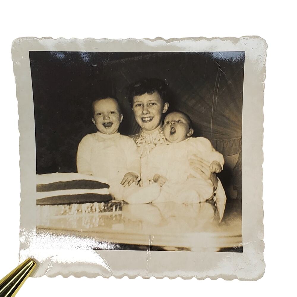 Vtg Aunt Holding Babies Original Square Monochrome Photography Found Snapshot